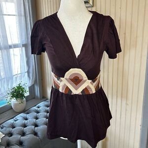 Anthropologie Deletta Y2K Empire Waist Boho Top XS Brown Babydoll